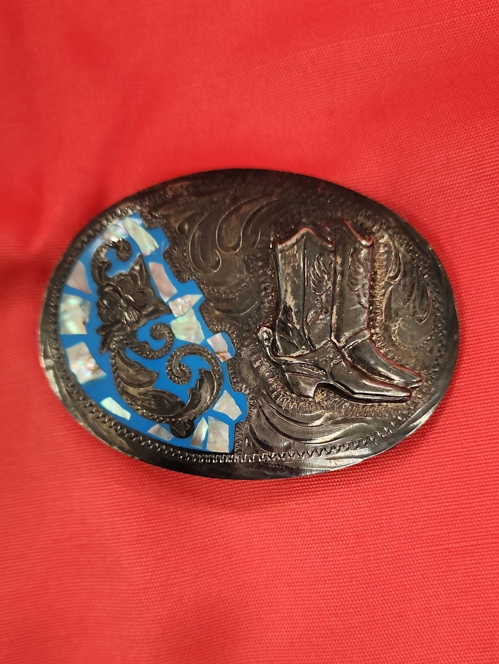 Western Cowboy Boot Inlay Belt Buckle - Blue and Silver